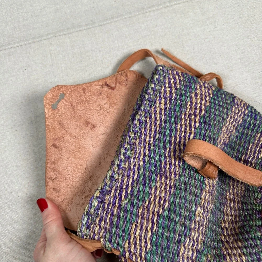 Vintage‎ Handwoven Sisal Leather Flap Crossbody Bag Purple Green Boho Festival